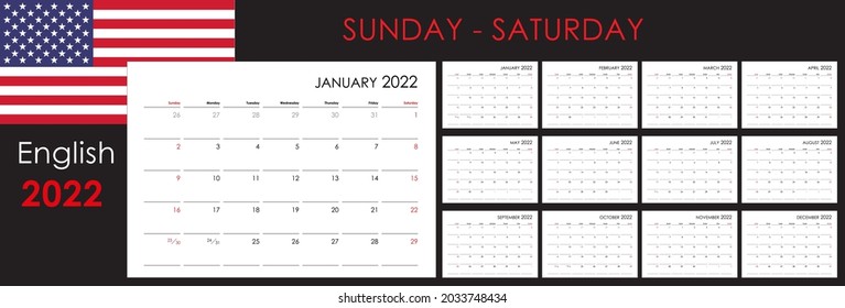 Calendar for 2022. An organizer and planner for every day. Week starts from Sunday. 12 months set. Wall layout. Clear template.