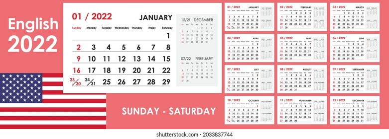 Calendar for 2022. An organizer and planner for every day. Week starts from Sunday. 12 months set. Wall layout. Clear template.