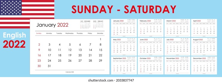 Calendar for 2022. An organizer and planner for every day. Week starts from Sunday. 12 months set. Wall layout. Clear template.