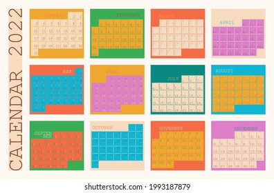 Calendar 2022, organizer planner template, week starts on monday, vertical layout, set of 12 months from january to december. Vector isolated illustrations.