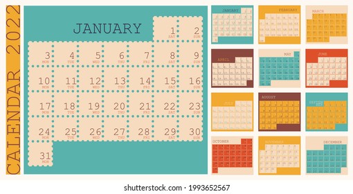 Calendar 2022, organizer planner template, week starts on monday, vertical layout, set of 12 months from january to december. Vector multicolored isolated illustrations.