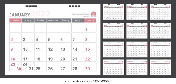 Kalender für 2022, rosafarbener Hintergrund