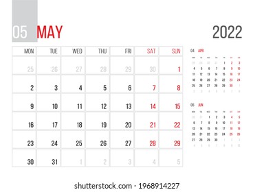 Calendar 2022 planner corporate template design May month. Week starts on Monday. Basic grid - template for May month 2022