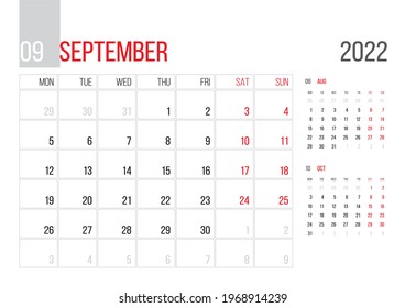 Calendar 2022 planner corporate template design September month. Week starts on Monday. Basic grid - template for September month 2022