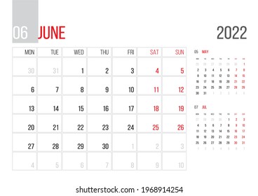 Calendar 2022 planner corporate template design June month. Week starts on Monday. Basic grid - template for June month 2022