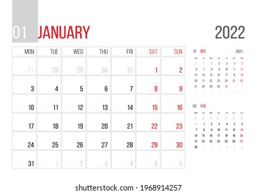 Calendar 2022 planner corporate template design January month. Week starts on Monday. Basic grid - template for January month 2022