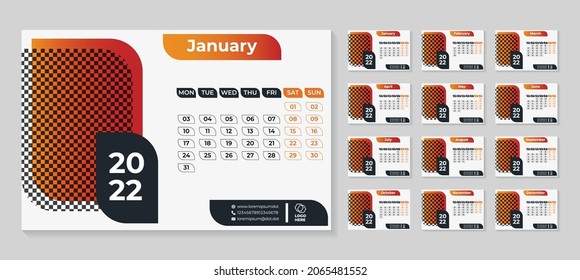 Calendar 2022 planner corporate template design set. Week starts on Monday. template for annual calendar 2022. 2022 desk calendar template with frame 
