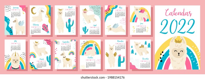 Calendar 2022 and planner. Cute llama in the style of cartoon, a children's character. 12 months - calendar with a children's print-lama. Week starts on Sunday. New Year's 2022. The Year of the Tiger.