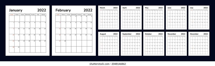 Calendar 2022. Planner organizer scheduler vector template. Wall desk table corporate calendar. Week starts on Sunday. Set of monthly pages. Happy New Year.