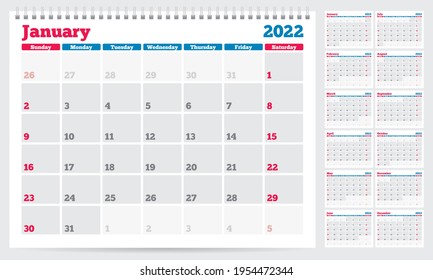 Plantilla de planificador de Calendario 2022. La semana empieza el domingo. Conjunto de 12 meses. Ilustración vectorial