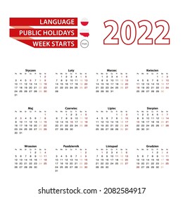 Calendar 2022 in Polish language with public holidays the country of Poland in year 2022. Week starts from Monday. Vector Illustration.