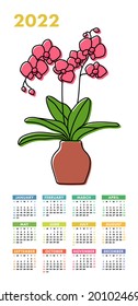 Calendar 2022. Potted orchid sketch. Vector indoor flower in a pot. Doodle color illustration of a plant. Cartoon drawing. Colorful design template