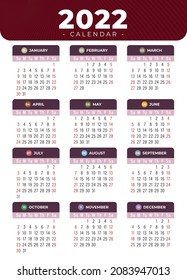 Calendario 2022 Listo para imprimir con plantilla de tamaño postal, vector con tamaño A6, A5