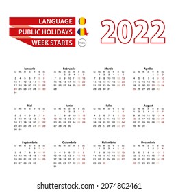 Calendar 2022 in Romanian language with public holidays the country of Romania in year 2022. Week starts from Monday. Vector Illustration.