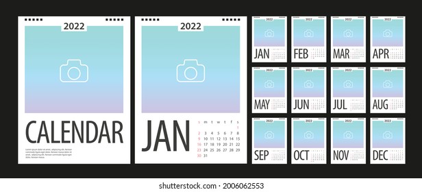 Calendar 2022, Set Desk Calendar template design with Place for Photo and Company Logo. Week Starts on Sunday. Set of 12 Months.