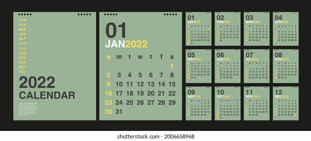 Calendar 2022, Set Desk Calendar template design with Place for Photo and Company Logo. Week Starts on Sunday. Set of 12 Months.