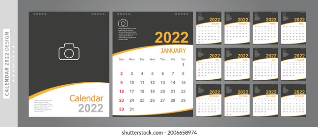 Calendar 2022, Set Desk Calendar template design with Place for Photo and Company Logo. Week Starts on Sunday. Set of 12 Months.