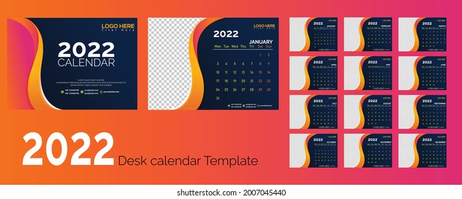Calendar 2022, Set Desk Calendar template design with Place for Photo and Company Logo. The week saturday on Sunday. Set of 12 Months