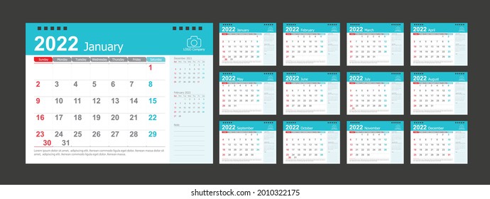 Calendario 2022, diseño de plantilla Set Desk Calendar con logotipo Place for Photo and Company. La semana empieza el domingo. Conjunto de 12 meses.