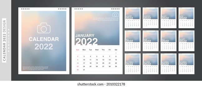 Calendar 2022, Set Desk Calendar template design with Place for Photo and Company Logo. Week Starts on Sunday. Set of 12 Months.