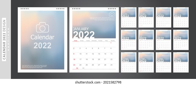 Calendar 2022, Set Desk Calendar template design with Place for Photo and Company Logo. Week Starts on Sunday. Set of 12 Months.
