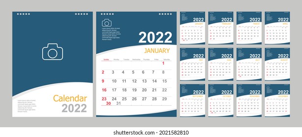 Calendar 2022, Set Desk Calendar template design with Place for Photo and Company Logo. Week Starts on Sunday. Set of 12 Months.