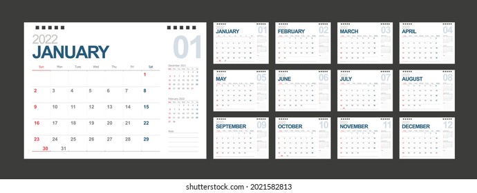 Calendar 2022, Set Desk Calendar template design with Place for Photo and Company Logo. Week Starts on Sunday. Set of 12 Months.