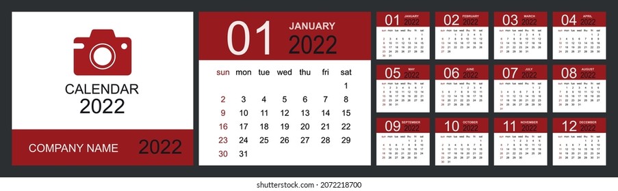 Calendar 2022. Set Desk Calendar template design with Place for Photo and Company Logo. Week Starts on Sunday. Isolated vector illustration