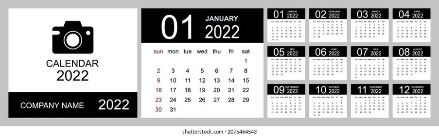 Calendar 2022. Set Desk Calendar template design with Place for Photo and Company Logo. Week Starts on Sunday. Isolated vector illustration