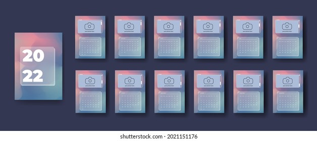 Calendar 2022. Set of month's calendars. New 2022 year. Flat modern tech design with abstract background. Template calendar with your own photo.  Sunday - the first day of the week. Set of 12 Months. 