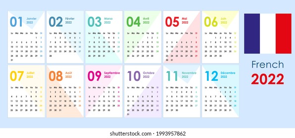 Calendar for 2022. Simple and clean appearance. Geometric figures like a background. Pocket cards. Wall, office calendar. Week starts monday. French language.