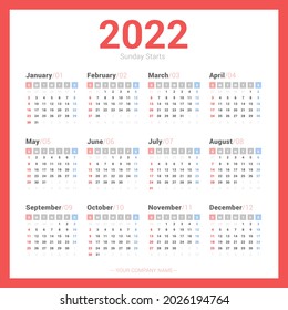 Calendar 2022 Simple Style. Week starts on Sunday Basic, Clear and useful calendar.