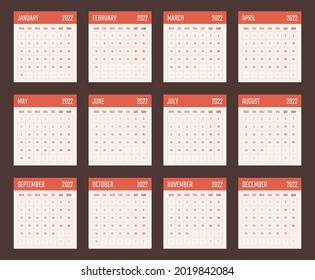 calendario para 2022 comienza lunes, diseño del calendario vectorial 2022 año