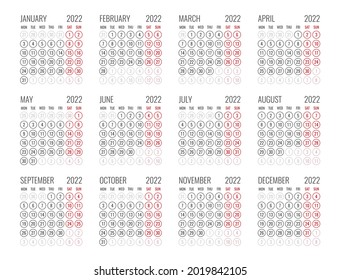 calendar for 2022 starts monday, vector calendar design 2022 year