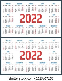 calendar for 2022 starts sunday and monday, vector calendar design 2022 year