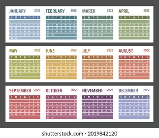 calendar for 2022 starts sunday, vector calendar design 2022 year