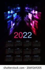 Сolorful calendar for 2022 starts sunday. Vector illustration on black background