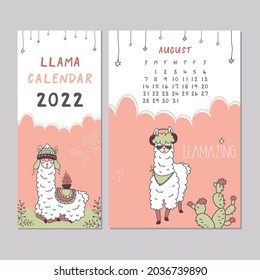 Calendar 2022, Sunday first. August month. Schedule template with cute llama. New 2022 year calendar with alpaca cartoon character. Funny animal in scandinavian style. Doodle vector illustration