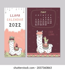 Calendar 2022, Sunday first. June month. Schedule template with cute llama. New 2022 year calendar with alpaca cartoon character. Funny animal in scandinavian style. Doodle vector illustration