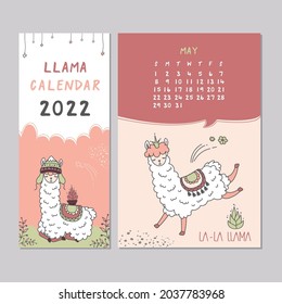 Calendar 2022, Sunday first. May month. Schedule template with cute llama. New 2022 year calendar with alpaca cartoon character. Funny animal in jump. Scandinavian style. Doodle vector illustration