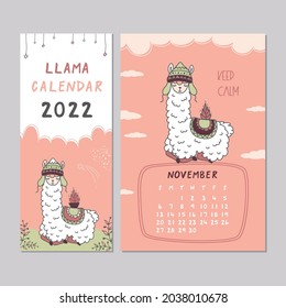 Calendar 2022, Sunday first. November month. Schedule template with cute llama. New 2022 year calendar with alpaca. Funny animal lying and keep calm. Scandinavian style. Doodle vector illustration