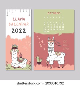 Calendar 2022, Sunday first. October month. Schedule template with cute llama. New 2022 year calendar with alpaca. Funny animal giving love and peace. Scandinavian style. Doodle vector illustration