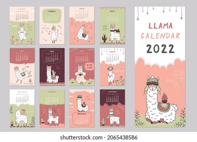 Calendar 2022, Sunday first. Schedule template with cute llama. New 2022 year calendar with alpaca cartoon character. Funny animal in scandinavian style. Doodle vector illustration