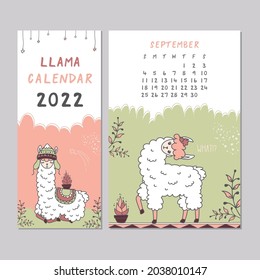 Calendar 2022, Sunday first. September month. Schedule template with cute llama. New 2022 year calendar with alpaca cartoon character. Funny animal in scandinavian style. Doodle vector illustration