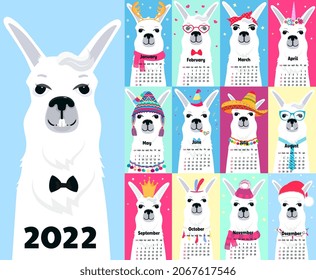 Calendar for 2022 from Sunday to Saturday. Cute llama in different costumes. Sombrero, birthday, sailor in a vest, unicorn, Santa Claus. Funny animal. Alpaca cartoon character