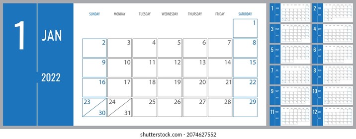 Calendar 2022 sunday week start corporate planner template in blue