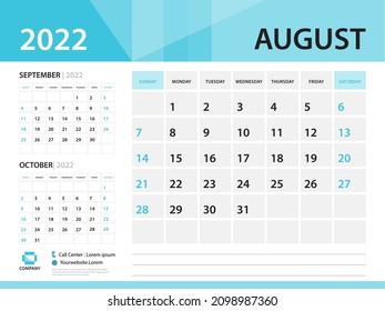 Calendar 2022 template, August 2022 year, Desk Calendar 2020 vector, Blue color, Week Start On Sunday, Wall calendar design, sample Planner, Stationery, Poster, printing media, Size : 8 x 6 inch