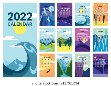 Calendar 2022 template. Design concept with abstract nature landscape. Set of 12 months 2022 pages. Wall calendar design, Planner, Week start on Sunday, vertical layout