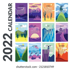Calendar 2022 template. Design concept with abstract nature landscape. Set of 12 months 2022 pages. Wall calendar design, Planner, Week start on Sunday, vertical layout