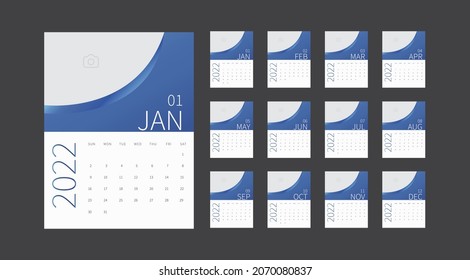 Calendar 2022 template. Calendar template design with place for photo. Modern design. Vector illustration